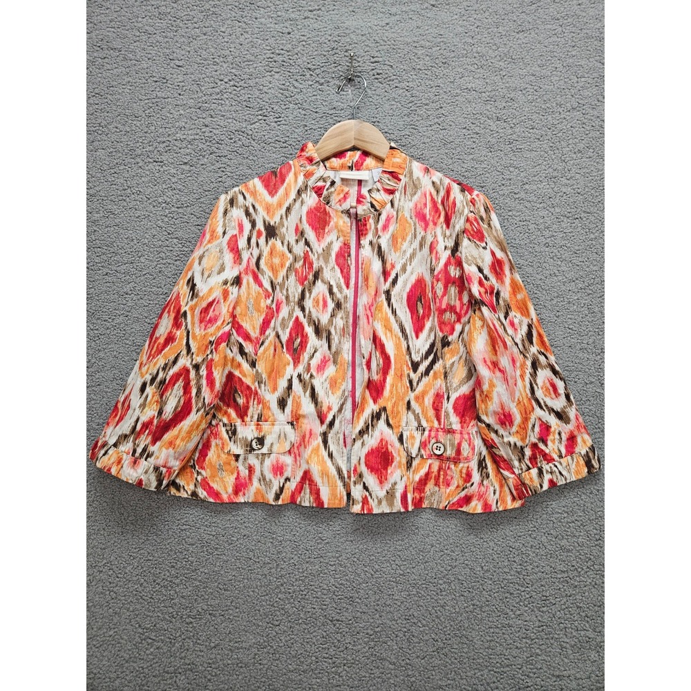 Chico's Ikat Linen Blend Jacket 2 L Orange Red Boho Ruffle Neck Full Zip